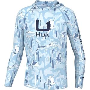 imageHUK Boys KC Scott Patterned Hoodie Performance Hooded Fishing ShirtApex Vert  Ice Water