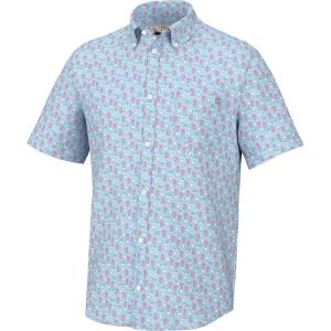 imageHUK Mens Kona Pattern Short Sleeve Fishing Button Down ShirtDolphin Cocktail  Crystal Blue