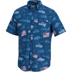 imageHUK Mens Kona Pattern Short Sleeve Fishing Button Down ShirtFish and Flags  Set Sail