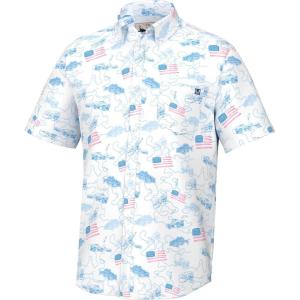 imageHUK Mens Kona Pattern Short Sleeve Fishing Button Down ShirtFish and Flags  White