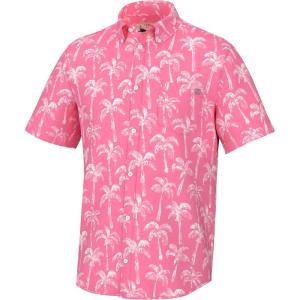 imageHUK Mens Kona Pattern Short Sleeve Fishing Button Down ShirtPalm Wash  Sunwashed Red
