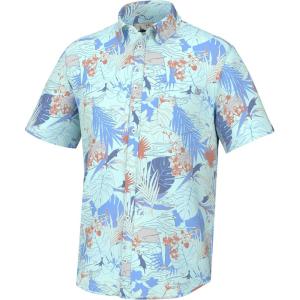 imageHUK Mens Kona Pattern Short Sleeve Fishing Button Down ShirtRadical Botanical  Eggshell Blue