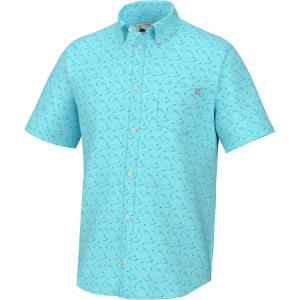 imageHUK Mens Kona Pattern Short Sleeve Fishing Button Down ShirtShrimp Boil  Island Paradise