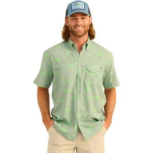 imageHUK Mens Tide Point Pattern Short Sleeve Shirt Fishing Button DownFog Green