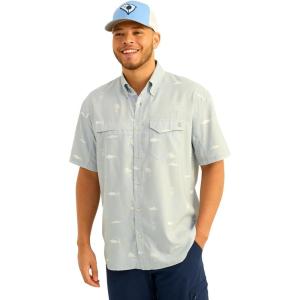 imageHUK Mens Tide Point Pattern Short Sleeve Shirt Fishing Button DownHarbor Mist
