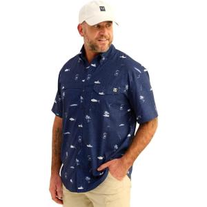 imageHUK Mens Tide Point Pattern Short Sleeve Shirt Fishing Button DownNaval Academy