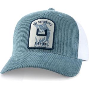 imageHUK Mens Trucker AntiGlare Snapback Fishing HatFish Patch Corduroy  Titanium Blue