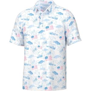 imageHUK Mens Pursuit Pattern Performance Short Sleeve Polo ShirtFish and Flag  White