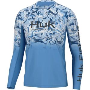 imageHUK Mens Icon X Crew LongSleeve Performance Fishing ShirtInside Reef Fade  Azure Blue