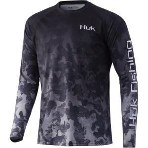 imageHUK Mens Pattern Pursuit Long Sleeve Performance Fishing ShirtRefraction Fish Fade  StormBass