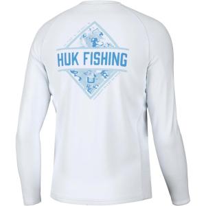 imageHUK Mens Pursuit Graphic Long Sleeve Sun Protect Fishing ShirtDiamond Flats  White