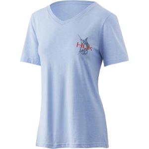 imageHUK Womens V Neck Tee  Ladies TShirt with UPF 30 Sun ProtectionAngry Marlin  Coastal Sky Heaather