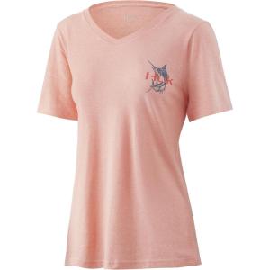 imageHUK Womens V Neck Tee  Ladies TShirt with UPF 30 Sun ProtectionAngry Marlin  Desert Flower Heather