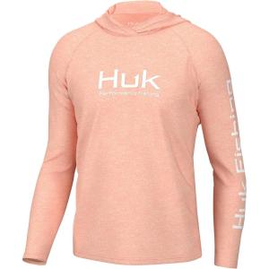imageHUK Mens Pursuit Heather Hoodie Sun Protecting Fishing Shirt with HoodPeach Nectar Heather