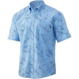 imageHUK Mens Kona Short Sleeve Shirt  Performance Button DownPalm Slam  Baltic Sea