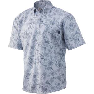 imageHUK Mens Kona Short Sleeve Shirt  Performance Button DownPalm Slam  Overcast Grey