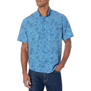 imageHUK Mens Kona Short Sleeve Shirt  Performance Button DownPalm Slam  Titanium Blue