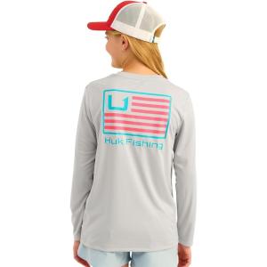 imageHUK Boys Pursuit Pattern Long Sleeve Fishing Shirt for KidsHuk and Bars  Harbor Mist
