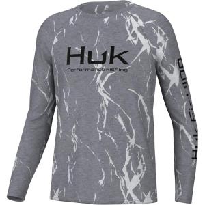 imageHUK Boys Pursuit Pattern Long Sleeve Fishing Shirt for KidsKelp Wash Heather  Volcanic Ash
