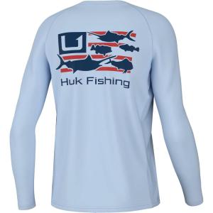 imageHUK Boys Pursuit Pattern Long Sleeve Fishing Shirt for KidsTrophy Flag  Ice Water