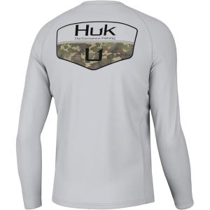 imageHUK Mens Pursuit Pattern Crew Sleeve Performance ShirtCamo Badge  Harbor Mist