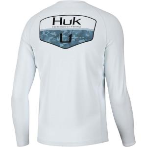 imageHUK Mens Pursuit Pattern Crew Sleeve Performance ShirtCamo Badge  White