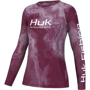 imageHUK Womens Pursuit Pattern Long Sleeve Sun Protecting Fishing ShirtBrackish Rock  Maroon