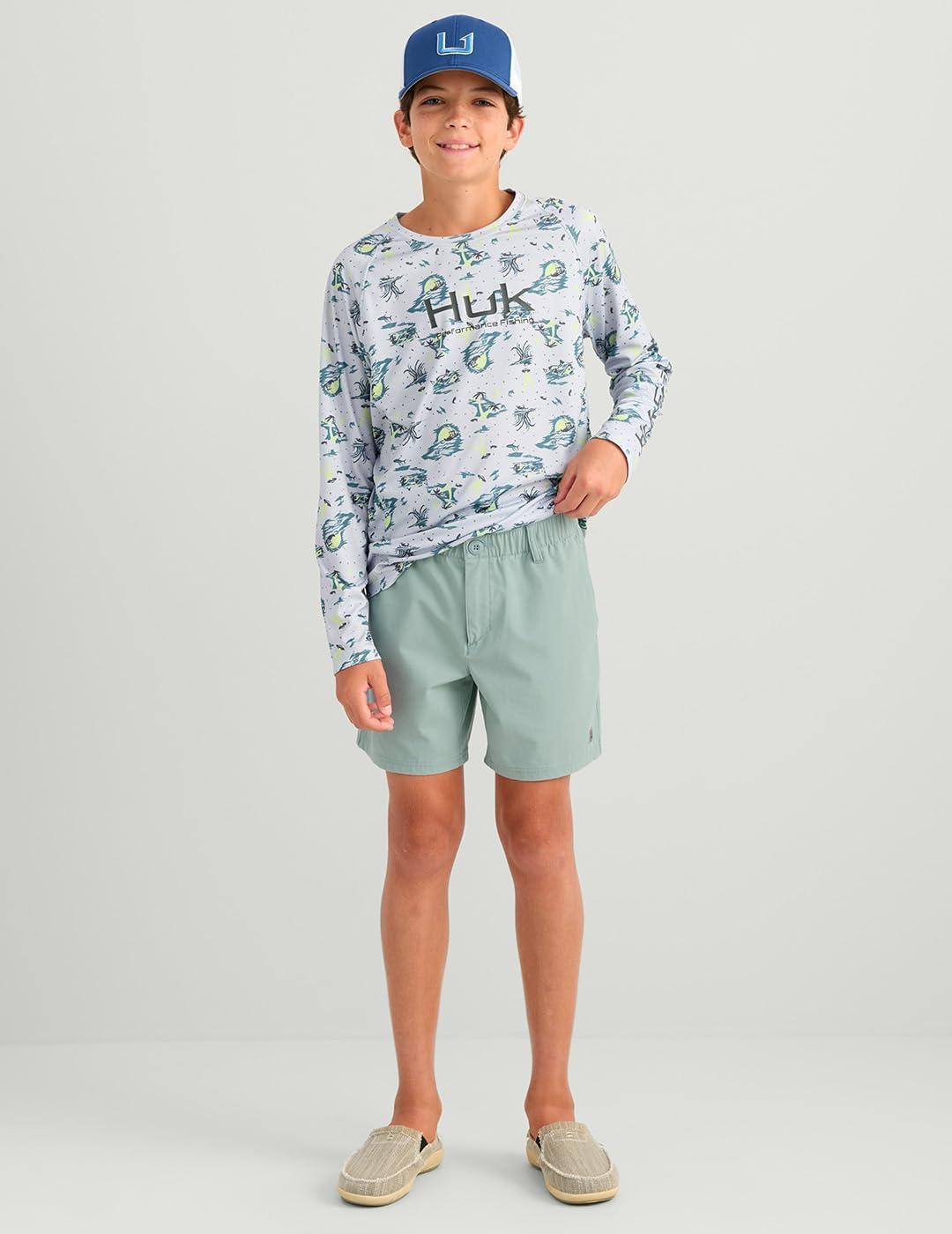 imageHUK Next Level Camp 5quot Performance Fishing Shorts Lightweight QuickDry Elastic Waistband for KidsSilver Blue