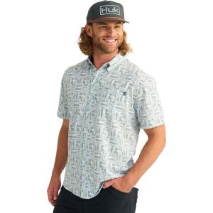 image:imageHUK Mens Kona Pattern Short Sleeve Fishing Button Down Shirt Summer Green Medium