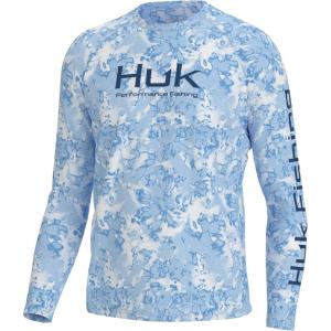 image:imageHuk Mens Pursuit Hogzilla  Long Sleeve Performance Fishing Shirt with 30 UPF Sun Protection Seashell Pink SmallFin Flats  Crystal Blue