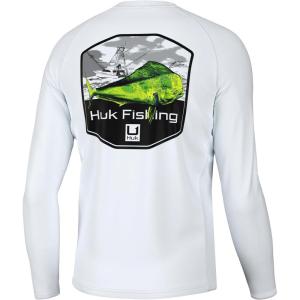 image:imageHuk Mens Pursuit Hogzilla  Long Sleeve Performance Fishing Shirt with 30 UPF Sun Protection Seashell Pink SmallKc Mahi Badge  White