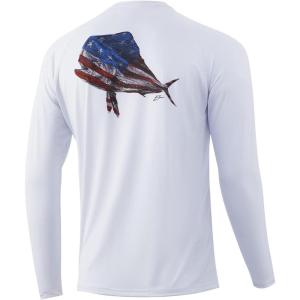 image:imageHuk Mens Pursuit Hogzilla  Long Sleeve Performance Fishing Shirt with 30 UPF Sun Protection Seashell Pink SmallMahi and Stripes  White