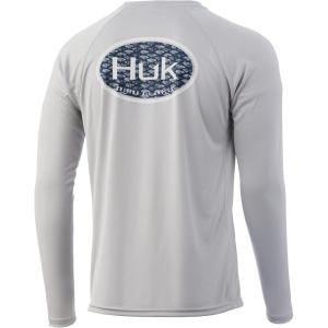 image:imageHuk Mens Pursuit Hogzilla  Long Sleeve Performance Fishing Shirt with 30 UPF Sun Protection Seashell Pink SmallScaled Logo  Oyster