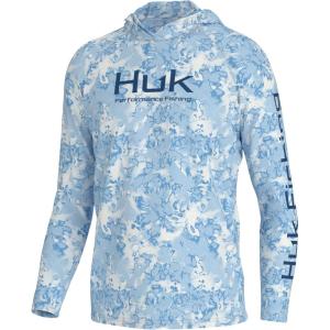 image:imageHUK mens Pursuit Heather Hoodie Sun Protecting Fishing Shirt With HoodFin Flats  Crystal Blue