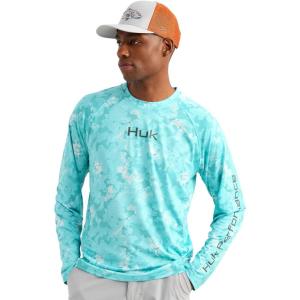 image:imageHUK Mens Airweight Crew UPF 30 Lightweight Performance Fishing Shirt with Recycled Polyester and Raglan SleevesKc Print  Caicos