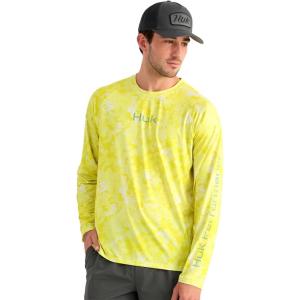 image:imageHUK Mens Airweight Crew UPF 30 Lightweight Performance Fishing Shirt with Recycled Polyester and Raglan SleevesKc Print  Vintage Chartreuse